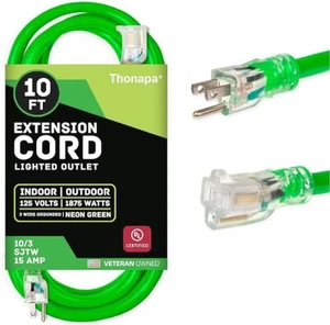 10 Foot Outdoor Extension Cord - 10/3 SJTW Neon Green 10 Gauge Cable - Picture 1 of 5