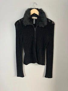 Vintage toller amerikanischer Pullover Co Medium schwarz Kunstfellkragen Reißverschluss Strickjacke Y2K 90er - Bild 1 von 5