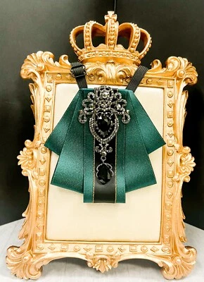 Green crystal bowtie, Kid's Necktie, Black Crystal Brooch, Kids Size, 2 in 1 - Image 1 of 4