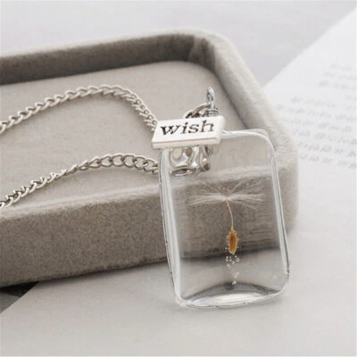 Dandelion Seed MAKE A WISH Rectangle Necklace Silver Chain Gift Pendant Resin - Image 1 of 4