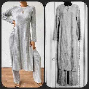 Lovely Gray Ribbed Soft Knit Side Splits Hem Maxi Top & Pants L - Picture 1 of 11