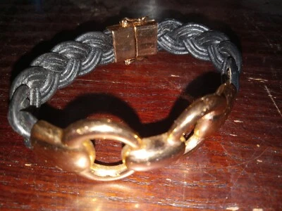 Женщин бронзы Милор Италии золотой тон и черный кожаный браслет изящный - Изображение 1 из 4