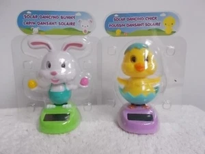 2 Solar Dancing White Bunny & Yellow Chick In Cracked Egg Decor New - Picture 1 of 2