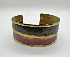 Gold tone Enamel on Brass Cuff Style Bangle Bracelet Adjustable Burgundy Black - Picture 1 of 7