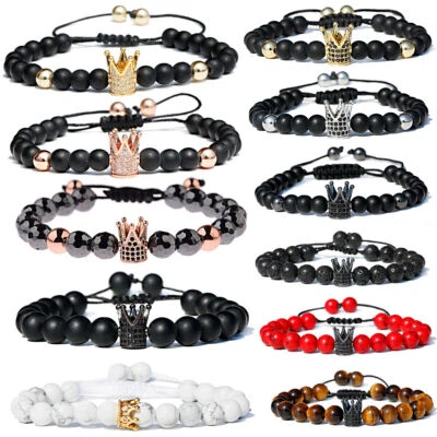 Luxury Men Cubic Zircon Gold Plated Crown Bracelet Stone Bead Macrame Bracelets - Image 1 of 4