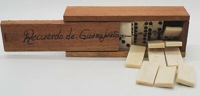 CARVED BONE DOMINO PIECES in a WOODEN BOX Handmade Folk Art Vintage Mexico - Image 1 of 4