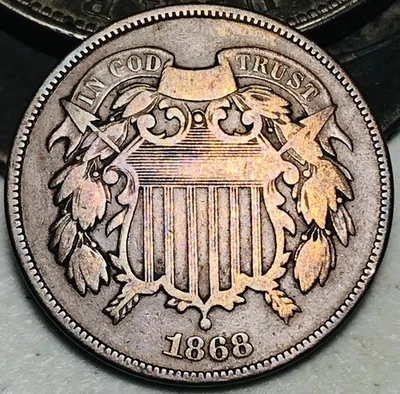 1868 Two Cent Piece 2C Choice Civil War Era US Copper Coin CC28145 - Image 1 of 4