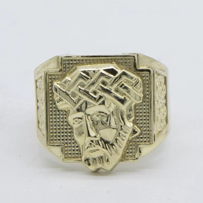 Filigree Design Jesus Signet Ring Solid 10K Yellow Gold All Sizes - Image 1 of 4