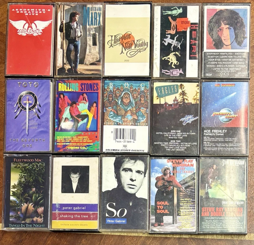 Lot Of 15 Classic Rock Cassettes, Used, Stevie Ray Vaughan, Eagles, Aerosmith,  - Image 1 of 1