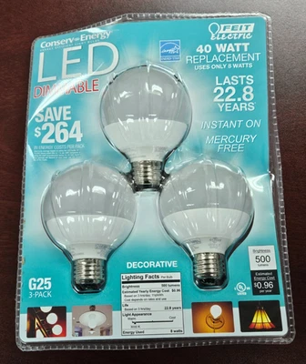 Feit Electric 8 Watt equivalent to 40W G25 LED 3 Dimmable Light Bulbs 500 Lumens - Image 1 of 2