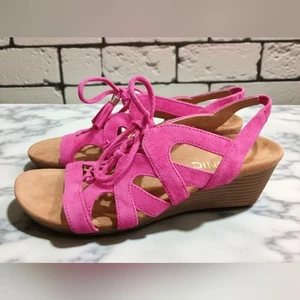 New Vionic Kalie Pink Wedge Suede Lace Up Tassle Sandals Womans 6 Slingback - Picture 1 of 10