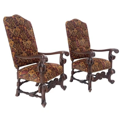 Pair Gothic Oversized Heavily Carved Walnut Arm Chairs Tall Back Thrones MINT! - Image 1 of 4
