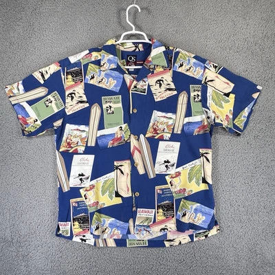 Quiksilver Mens S Vintage Hawaiian Surfer Post Card Pattern Blue Tropical USA - Image 1 of 4