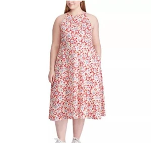 Ralph Lauren Chaps 1X Sundress Halter Midi Maxi Dress Hawaiian Red Aloha - Picture 1 of 10