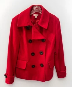 Vintage Charter Club Women’s Size 12 Red Wool Pea Coat Double Breasted Pockets - Picture 1 of 14