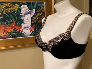 VINTAGE VICTORIA'S SECRET ~ BLACK EMBROIDERED VELVET UNDERWIRE BRA ~ SIZE 36B - Picture 1 of 15