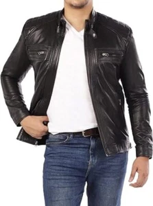 Lederjacke Herren Casual Style Schwarz Café Racer Motorrad Lammfelljacke - Bild 1 von 7