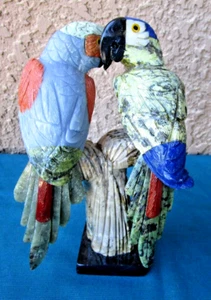 A Pair Of Colorful Calcite Peruvian Parrot Figurines On A Calcite Stand - Picture 1 of 9