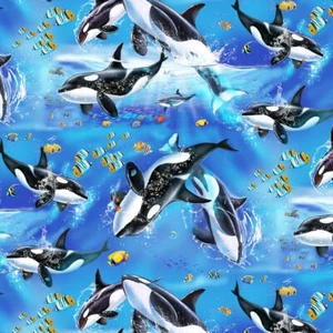 Nautical Fabric | Digital Reef Life Killer Whale Fish Blue | Studio E YARD - Picture 1 of 1