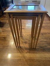 ANTIQUE NESTING TABLES HAND PAINTED PENCIL POST LEGS GLASS TOPS GOOD COND c.1920