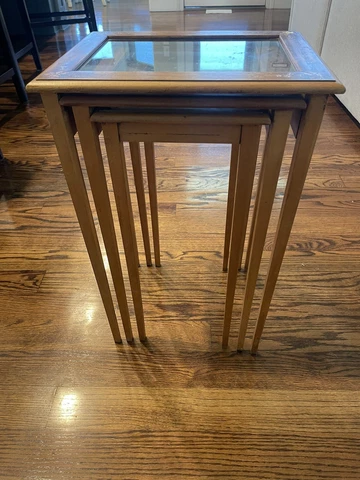 ANTIQUE NESTING TABLES HAND PAINTED PENCIL POST LEGS GLASS TOPS GOOD COND c.1920 Cover