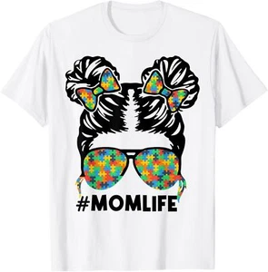 Autism Women Messy Bun Hair Mom Life Autism Awareness T-Shirt Hoodie - Picture 1 of 10