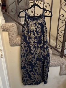 Metallic Gold Navy Swirl Print, Halter style Stretch Cocktail Dress size XL - Picture 1 of 5