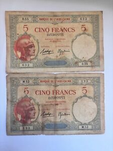2 X 1938 Djibouti, Banknote Pick-6, 5 Francs, French Indochina Bank