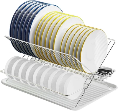 Estante de secado de platos de acero inoxidable, estantes de platos plegables de 2 niveles Foto 1 de 4