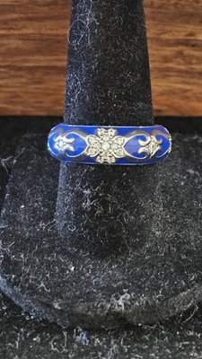 Anillo Hidaldo de plata esterlina esmalte azul circonita cúbica banda de eternidad floral 6,5 Foto 1 de 4