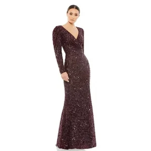 Mac Duggal Red Puff Shoulder Sequined Surplice Gown Mahogany Size 14 - Picture 1 of 11