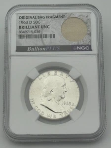 1963 D Franklin .9 Silver Half Dollar NGC BU BRILLIANT UNC ORIGINAL BAG FRAGMENT - Picture 1 of 5