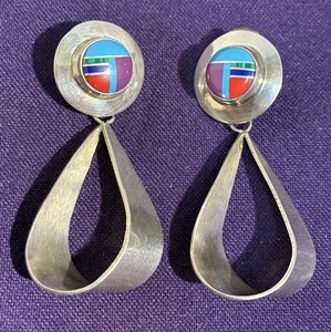 Große Sterling Silber 925 Ohrhänger Zuni Intarsien Rund Stein Ohrringe 15,08 g - Bild 1 von 7