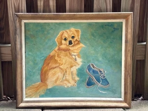 Original Ölgemälde signiert Haustierportrait 23'×19" süßer Hund Welpe Tennisschuhe - Bild 1 von 9