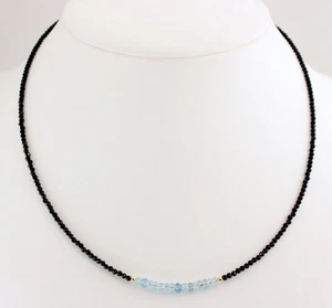 Aquamarine & Black Spinel Faceted Round 2-4MM 2 Mix Gemstone Beaded Necklace 18" - Picture 1 of 10