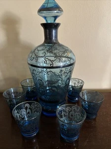 VINTAGE Art Deco Venetian Hand Blown Blue Gold  Glass Decanter and 6 Glasses - Picture 1 of 8
