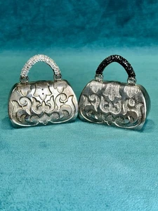 Rhinestone Handbag Salt & Pepper Shakers Silver Metal Purse Style Kitschy Diva - Picture 1 of 4