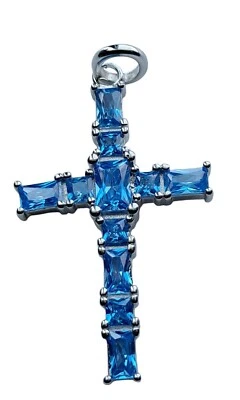 Collar Colgante Cruz Vintage Ovalado Aguamarina 925 Plata de Ley 1" [PEN161] Foto 1 de 4