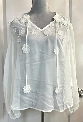 Blusa Top Adriana Papell Transparente Floral Encaje Bordado XL LS Gasa Marfil Foto 1 de 4