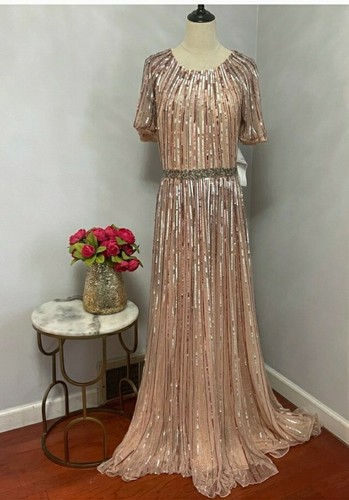 $698. MAC DUGGAL 4913M Rose Pink Glitter Metallic Sequin Stripe A Line Gown 4 US