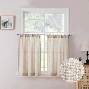 Short Linen Tier Curtains Semi Sheer Rod Pocket Light Filtering 30X24" 2 Panels - Picture 1 of 12