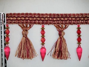 4.5" Luxury Crystal Bead Tassel Fringe Trim Gold Red Burgundy Per Yard - Picture 1 of 2