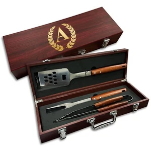 Personalized BBQ Grilling Set Wood Case Monogram Laser Engraved Custom Box Gift - Picture 1 of 3