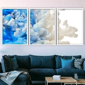 Set of 3 Abstract Wall Art Print Blue White Paint Splash Picture Contemporary - Picture 1 of 4