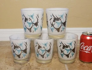 Vintage Mid Century Frosted Tumblers Bull Steer Design Set of 5 Gold leaf 4.25" - Picture 1 of 6