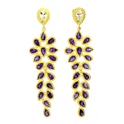 PENDIENTES ELEGANTES RICOS DE AMATISTA PÚRPURA Y AGUAMARINA PLATA DE LEY .925 14KYGP Foto 1 de 3