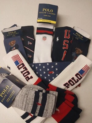 * 10 PARES DE MEIAS POLO OLÍMPICAS RALPH LAUREN BANDEIRA DOS EUA listras vermelhas brancas azuis estrelas  - Imagem 1 de 4