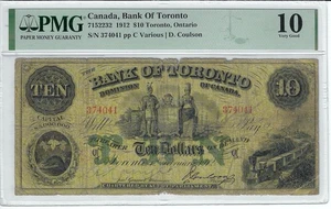 1912  Bank of Toronto  $10 PMG *VG-10* CH 715-22-32 SN# 374041 - Foto 1 di 2
