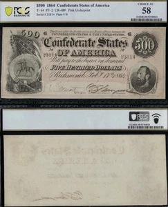 SC 1864 $500 T-64 Confederate States of America PCGS 58 Gen. Stonewall Jackson - Picture 1 of 4