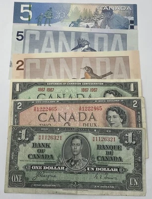 Lote de 6 billetes mixtos de Canadá. Varios grados, series y denominaciones. B-343 Foto 1 de 4